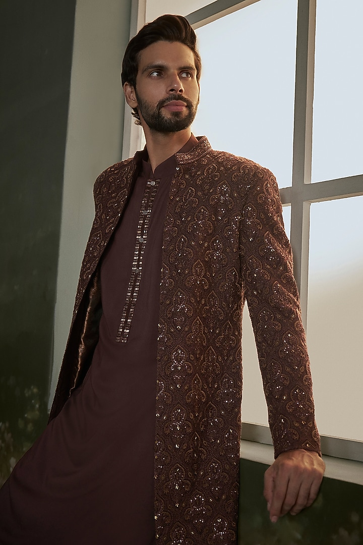 Chocolate Brown Raw Silk Embroidered Sherwani Set by NITIKA GUJRAL MEN at Pernia's Pop Up Shop