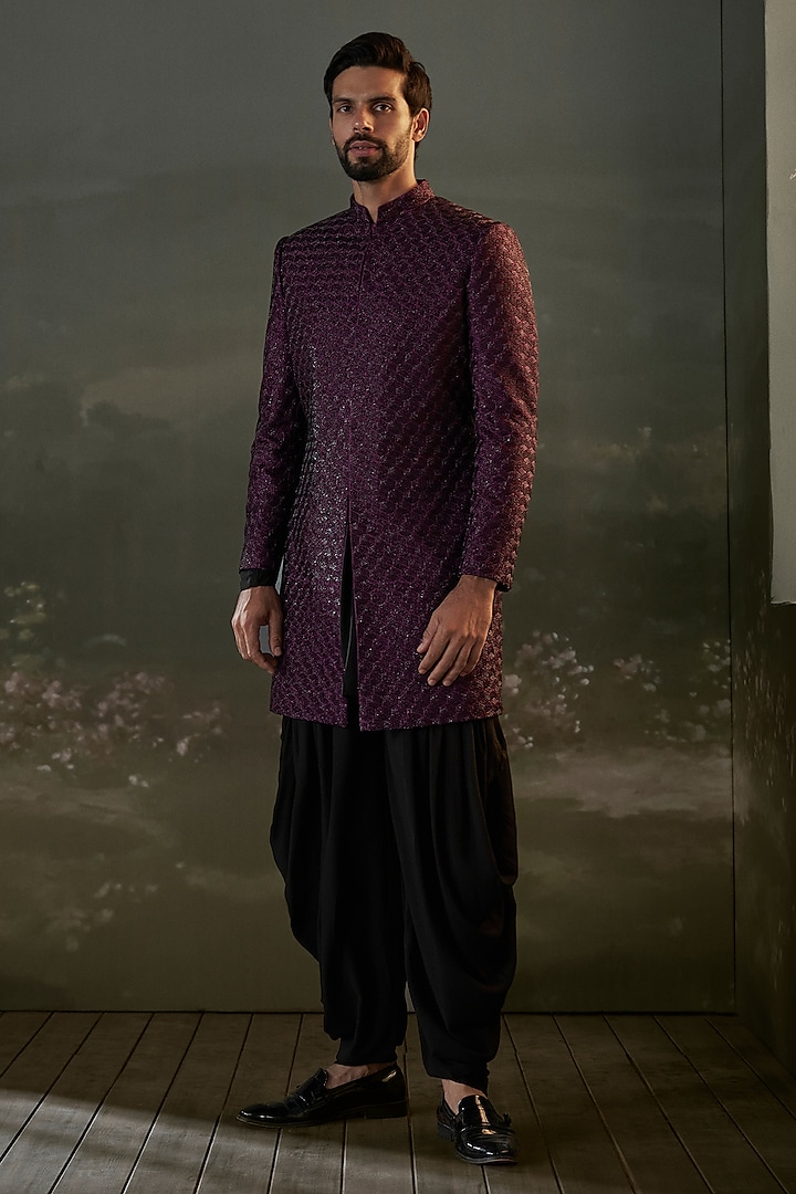 Purple Raw Silk & Modal Satin Embroidered Sherwani Set by NITIKA GUJRAL MEN at Pernia's Pop Up Shop