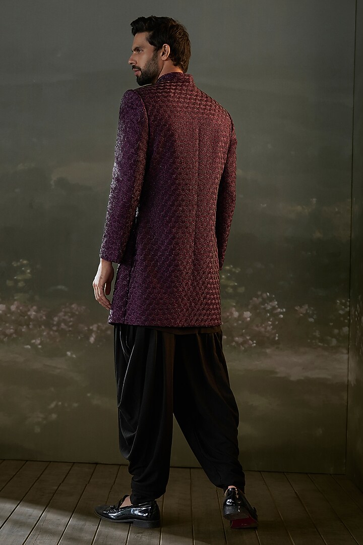 Purple Raw Silk & Modal Satin Embroidered Sherwani Set by NITIKA GUJRAL MEN at Pernia's Pop Up Shop