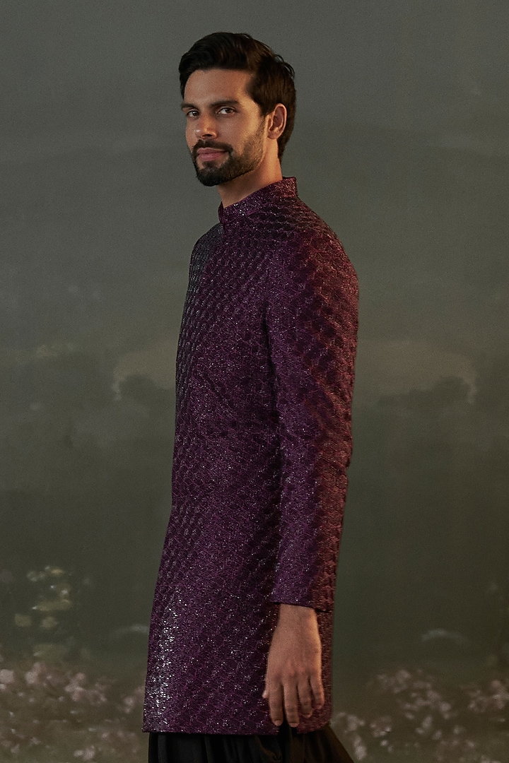 Purple Raw Silk & Modal Satin Embroidered Sherwani Set by NITIKA GUJRAL MEN at Pernia's Pop Up Shop