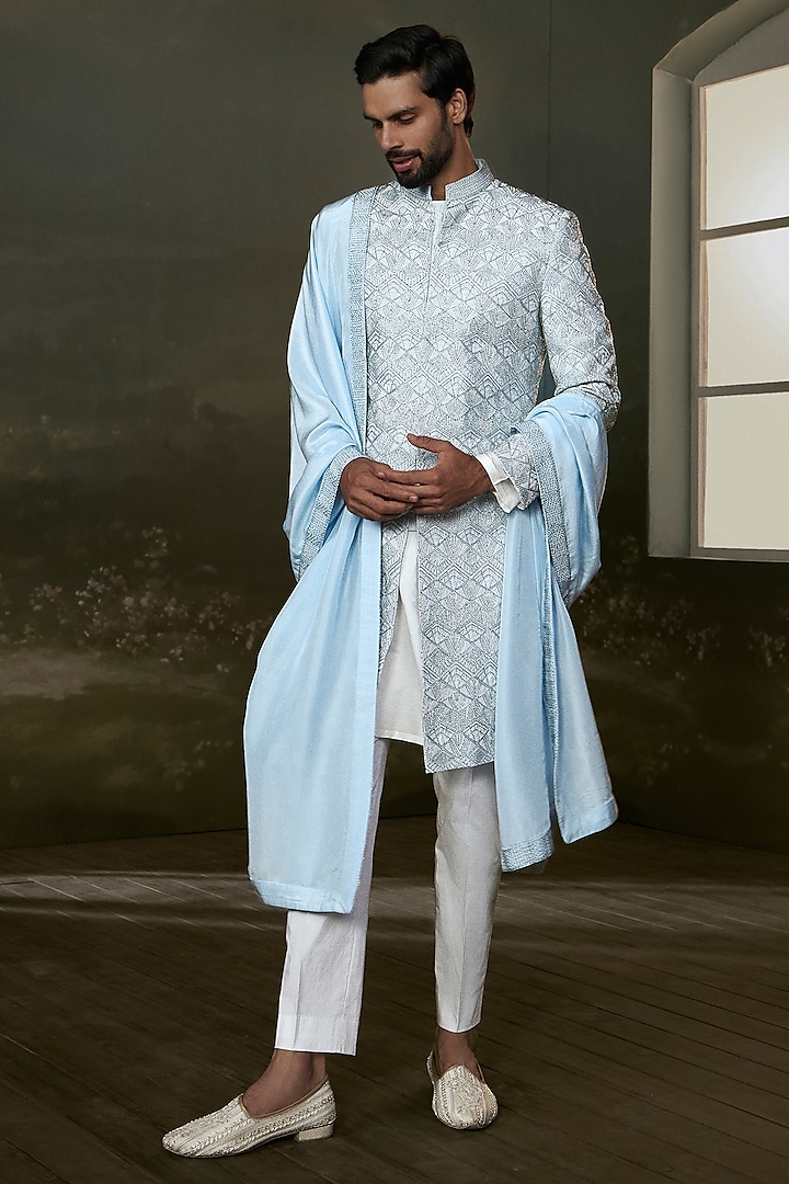 Powder Blue Raw Silk Embroidered Sherwani Set by NITIKA GUJRAL MEN at Pernia's Pop Up Shop