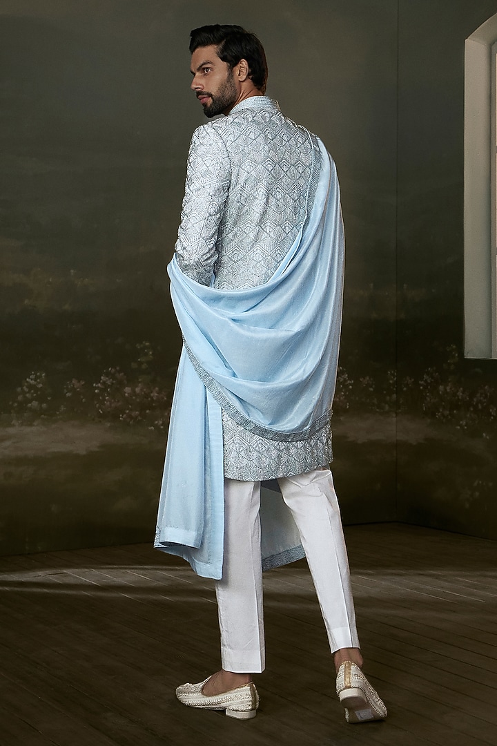 Powder Blue Raw Silk Beadwork Groom Sherwani Set by NITIKA GUJRAL MEN at Pernia's Pop Up Shop