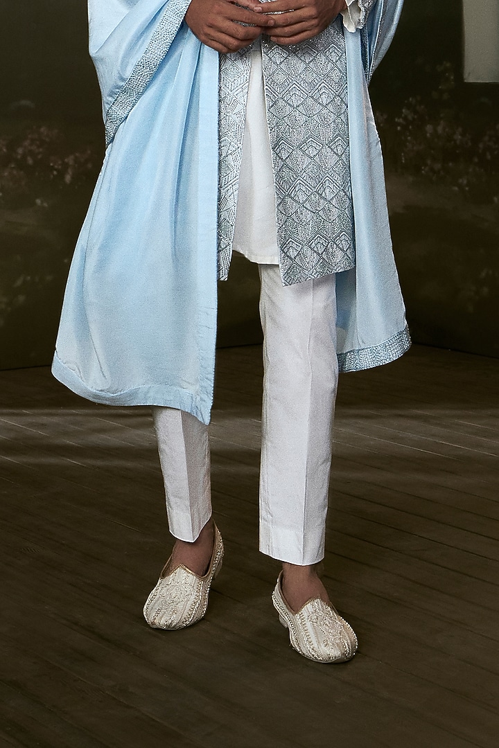 Powder Blue Raw Silk Beadwork Groom Sherwani Set by NITIKA GUJRAL MEN at Pernia's Pop Up Shop
