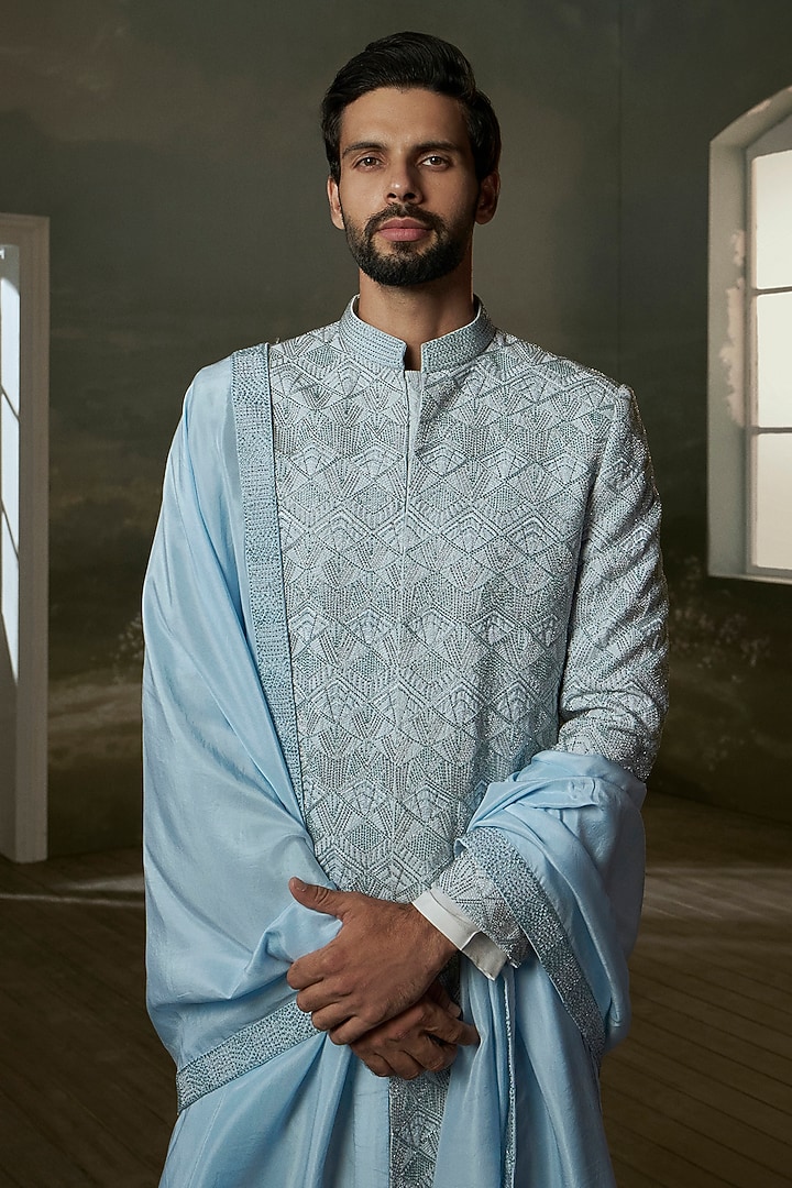Powder Blue Raw Silk Beadwork Groom Sherwani Set by NITIKA GUJRAL MEN at Pernia's Pop Up Shop