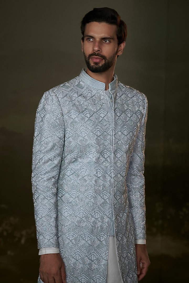 Powder Blue Raw Silk Beadwork Groom Sherwani Set by NITIKA GUJRAL MEN at Pernia's Pop Up Shop