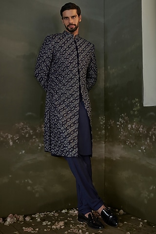 Navy Blue Raw Silk Resham Embroidered Sherwani Set by NITIKA GUJRAL MEN