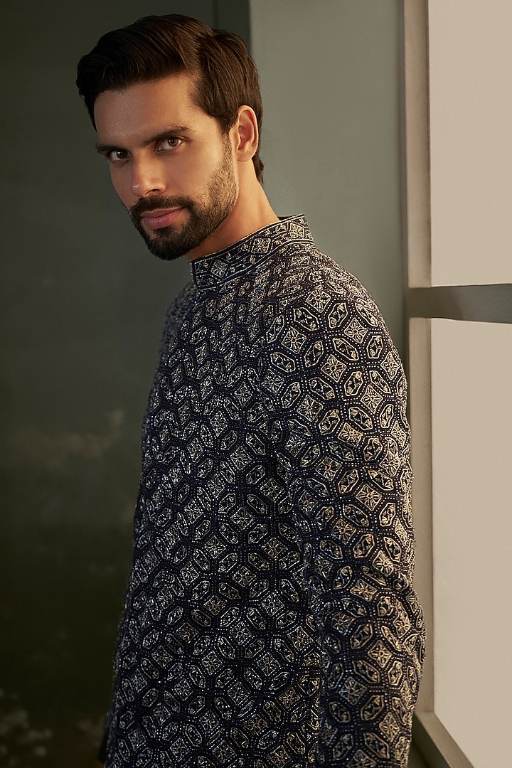 Navy Blue Raw Silk Resham Embroidered Groom Sherwani Set by NITIKA GUJRAL MEN at Pernia's Pop Up Shop