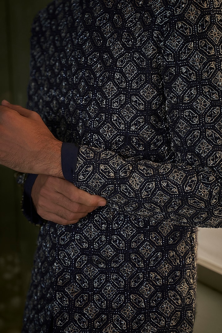 Navy Blue Raw Silk Resham Embroidered Groom Sherwani Set by NITIKA GUJRAL MEN at Pernia's Pop Up Shop