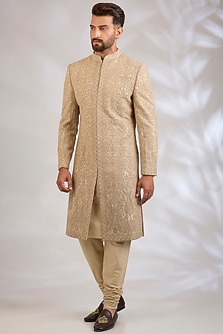 Champagne Raw Silk Resham Embroidered Sherwani Set by NITIKA GUJRAL MEN