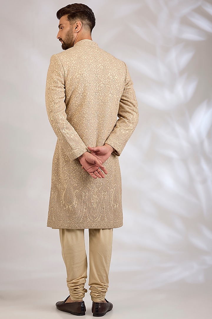 Champagne Raw Silk Resham Embroidered Groom Sherwani Set by NITIKA GUJRAL MEN at Pernia's Pop Up Shop