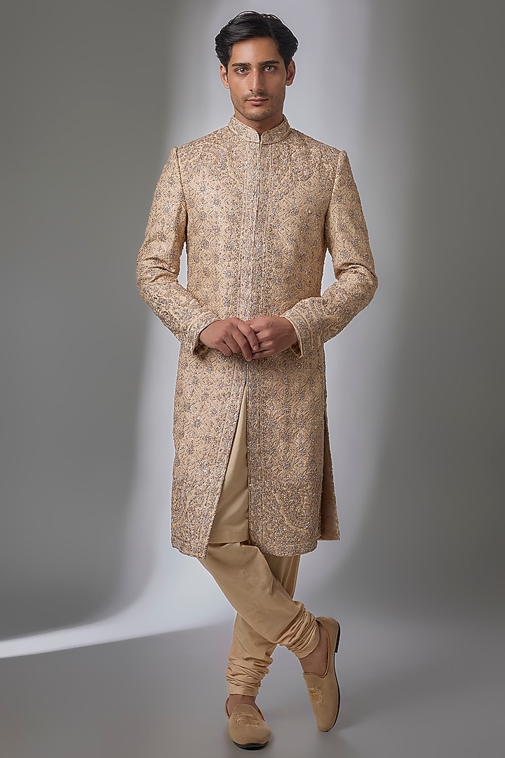 Champagne Silk Embroidered Groom Sherwani Set by NITIKA GUJRAL MEN at Pernia's Pop Up Shop