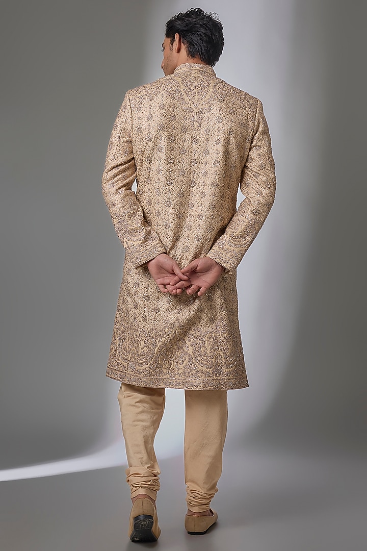 Champagne Silk Embroidered Groom Sherwani Set by NITIKA GUJRAL MEN at Pernia's Pop Up Shop