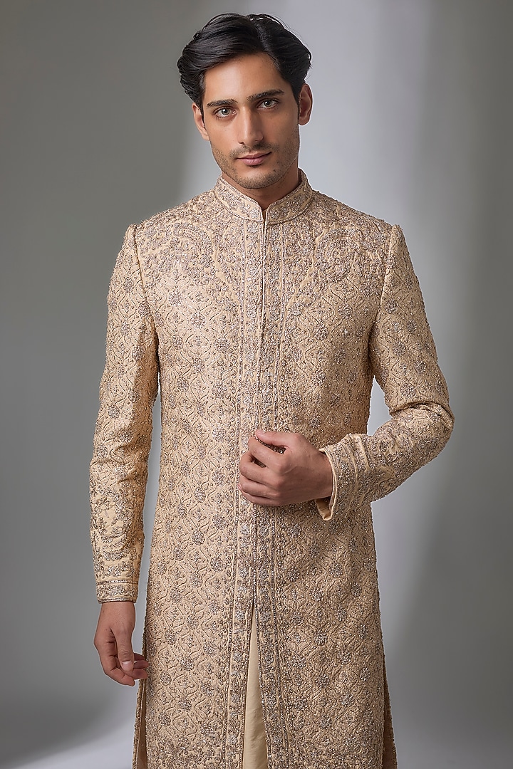 Champagne Silk Embroidered Groom Sherwani Set by NITIKA GUJRAL MEN at Pernia's Pop Up Shop