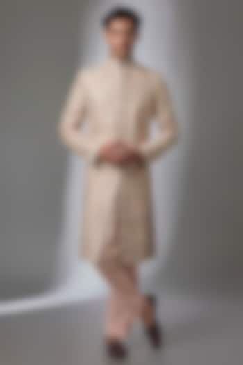 Peach Silk Embroidered Groom Sherwani Set by NITIKA GUJRAL MEN at Pernia's Pop Up Shop
