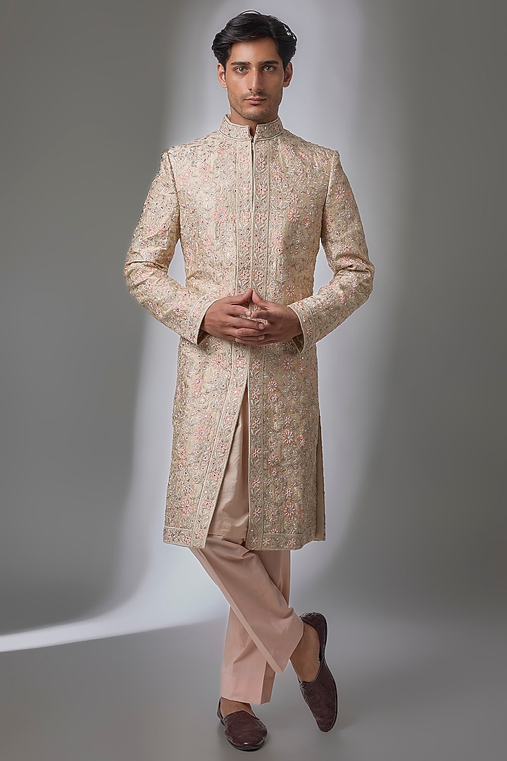 Peach Silk Embroidered Groom Sherwani Set by NITIKA GUJRAL MEN at Pernia's Pop Up Shop