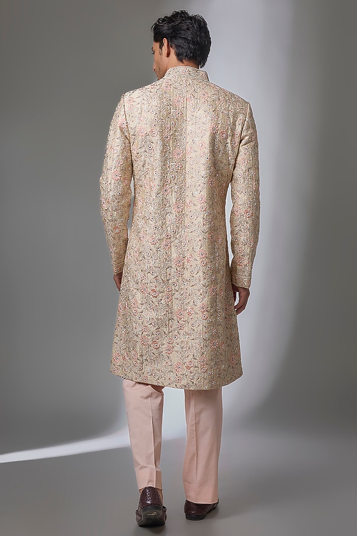 Peach Silk Embroidered Groom Sherwani Set by NITIKA GUJRAL MEN at Pernia's Pop Up Shop