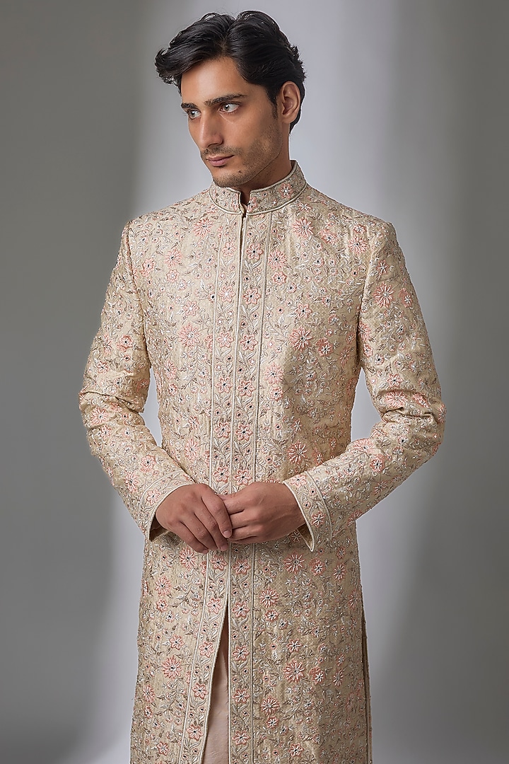 Peach Silk Embroidered Groom Sherwani Set by NITIKA GUJRAL MEN at Pernia's Pop Up Shop