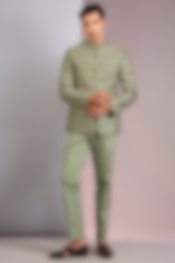 Olive Green Raw Silk Resham Work Jodhpuri Set by NITIKA GUJRAL MEN at Pernia's Pop Up Shop