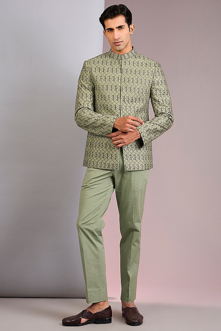 Olive Green Raw Silk Resham Work Jodhpuri Set by NITIKA GUJRAL MEN at Pernia's Pop Up Shop