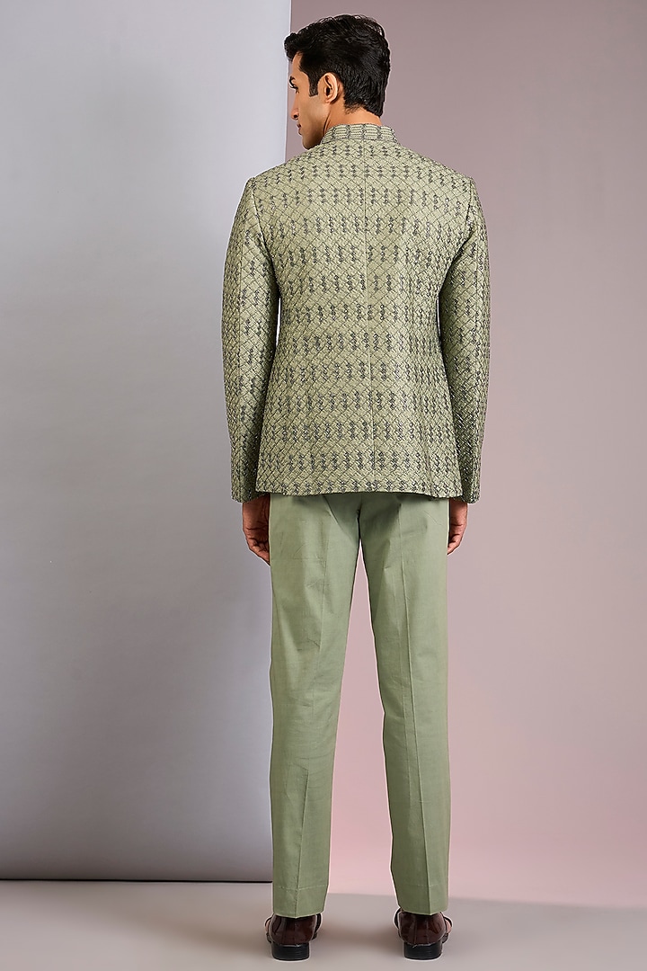 Olive Green Raw Silk Resham Work Jodhpuri Set by NITIKA GUJRAL MEN at Pernia's Pop Up Shop