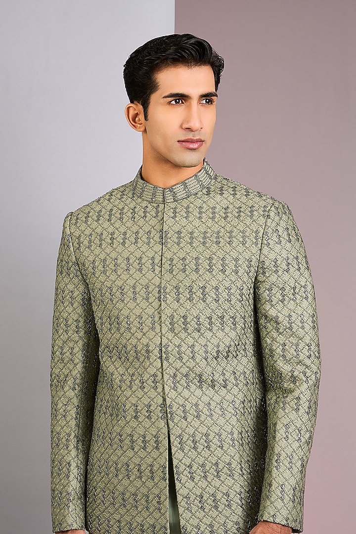 Olive Green Raw Silk Resham Work Jodhpuri Set by NITIKA GUJRAL MEN at Pernia's Pop Up Shop