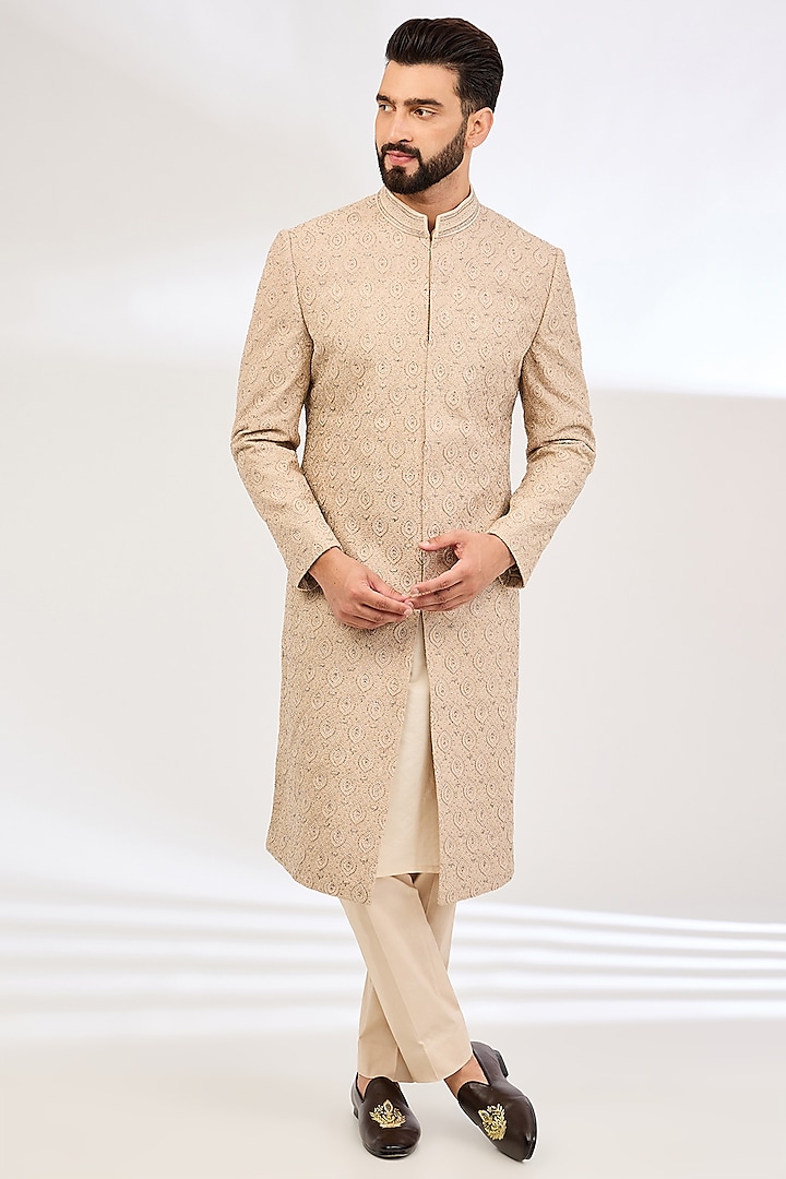 Mushroom-Colored Raw Silk Dabka & Bead Embroidered Sherwani Set by NITIKA GUJRAL MEN