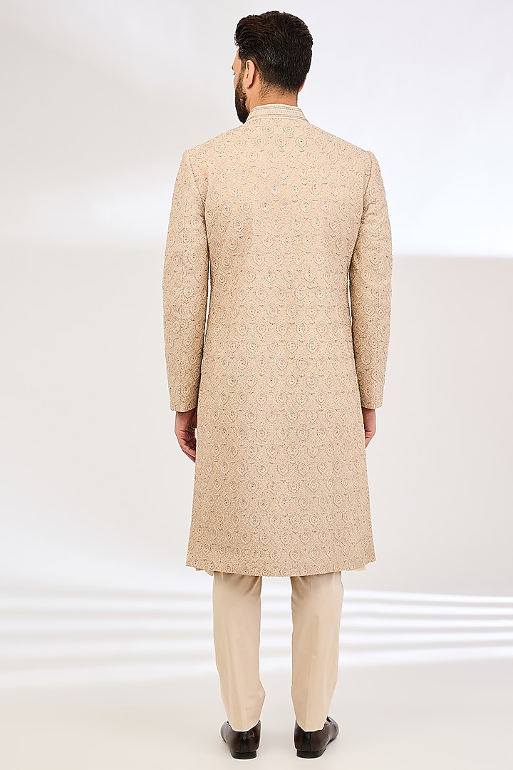 Mushroom-Colored Raw Silk Dabka & Bead Embroidered Groom Sherwani Set by NITIKA GUJRAL MEN at Pernia's Pop Up Shop