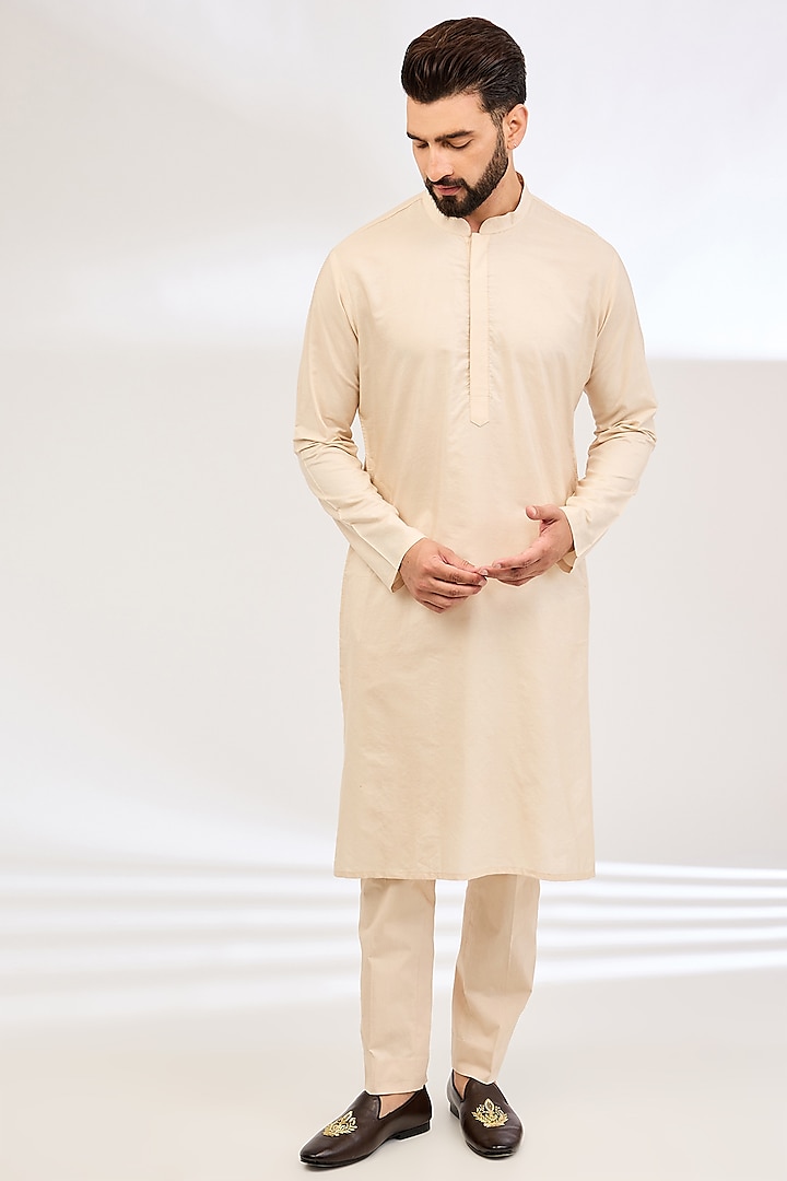 Mushroom-Colored Raw Silk Dabka & Bead Embroidered Groom Sherwani Set by NITIKA GUJRAL MEN at Pernia's Pop Up Shop