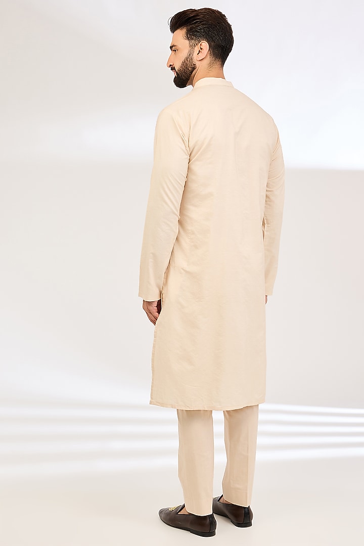 Mushroom-Colored Raw Silk Dabka & Bead Embroidered Groom Sherwani Set by NITIKA GUJRAL MEN at Pernia's Pop Up Shop