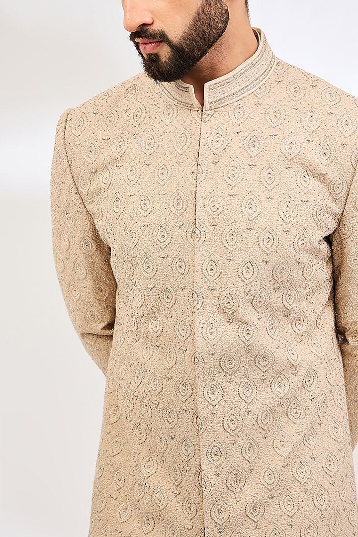 Mushroom-Colored Raw Silk Dabka & Bead Embroidered Groom Sherwani Set by NITIKA GUJRAL MEN at Pernia's Pop Up Shop