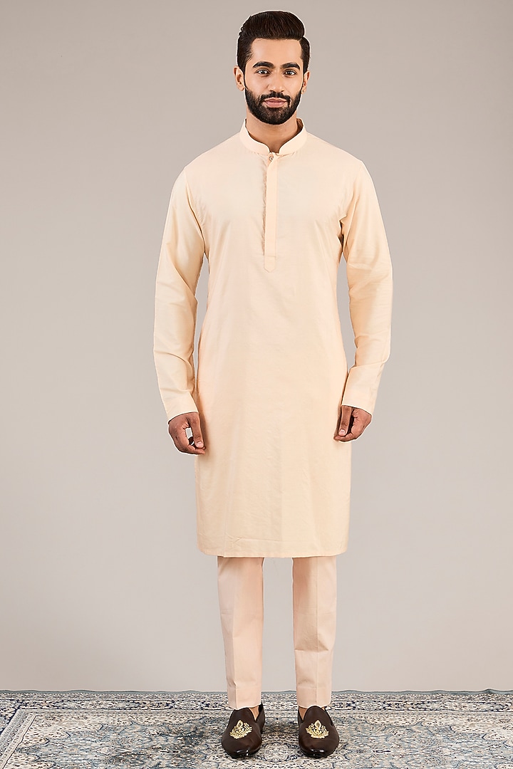 Peach Raw Silk Dabka & Mirror Embroidered Groom Sherwani Set by NITIKA GUJRAL MEN at Pernia's Pop Up Shop