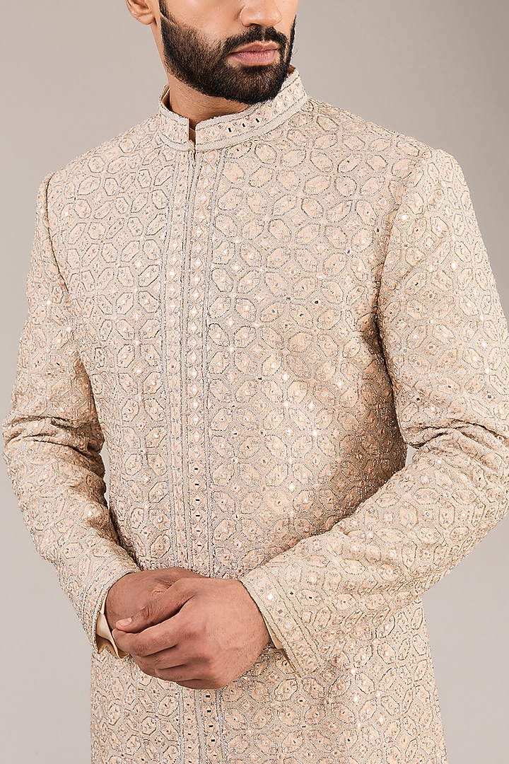 Peach Raw Silk Dabka & Mirror Embroidered Groom Sherwani Set by NITIKA GUJRAL MEN at Pernia's Pop Up Shop