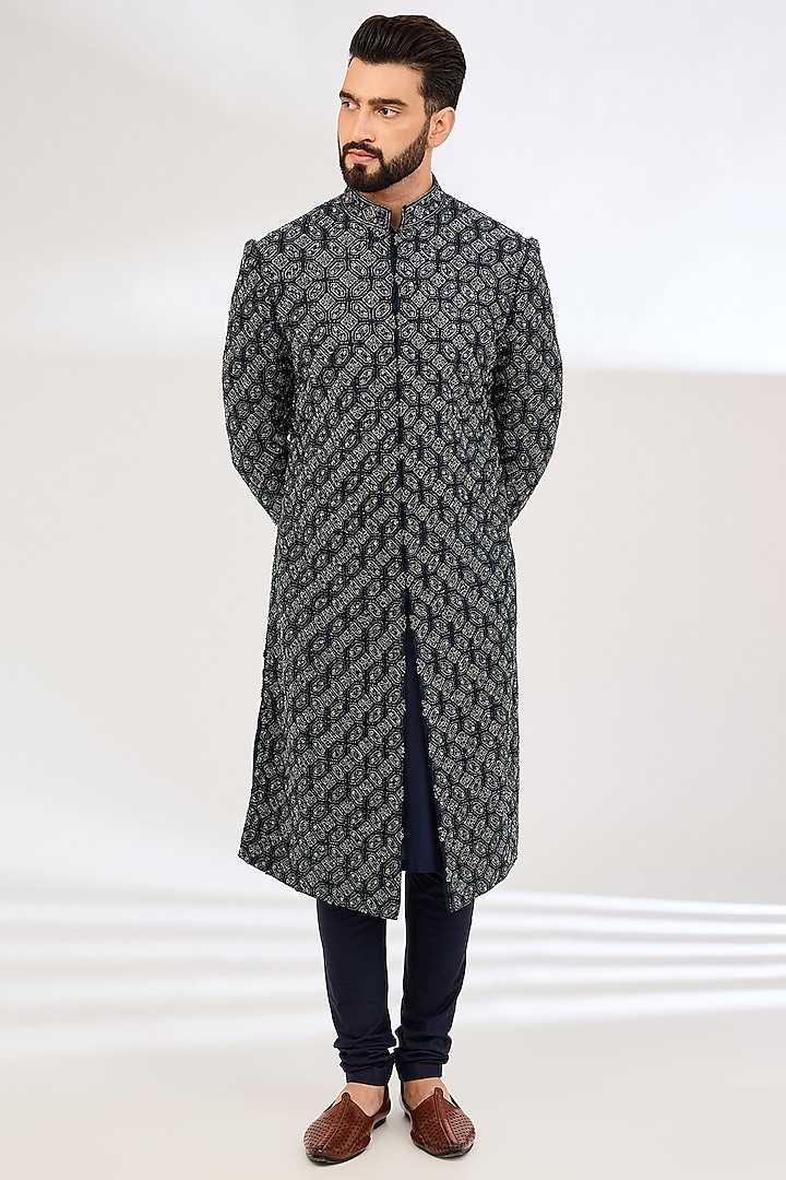 Navy Raw Silk Embroidered Groom Sherwani Set by NITIKA GUJRAL MEN at Pernia's Pop Up Shop