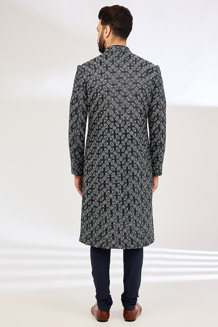 Navy Raw Silk Embroidered Groom Sherwani Set by NITIKA GUJRAL MEN at Pernia's Pop Up Shop