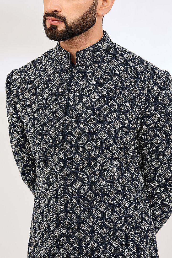 Navy Raw Silk Embroidered Groom Sherwani Set by NITIKA GUJRAL MEN at Pernia's Pop Up Shop