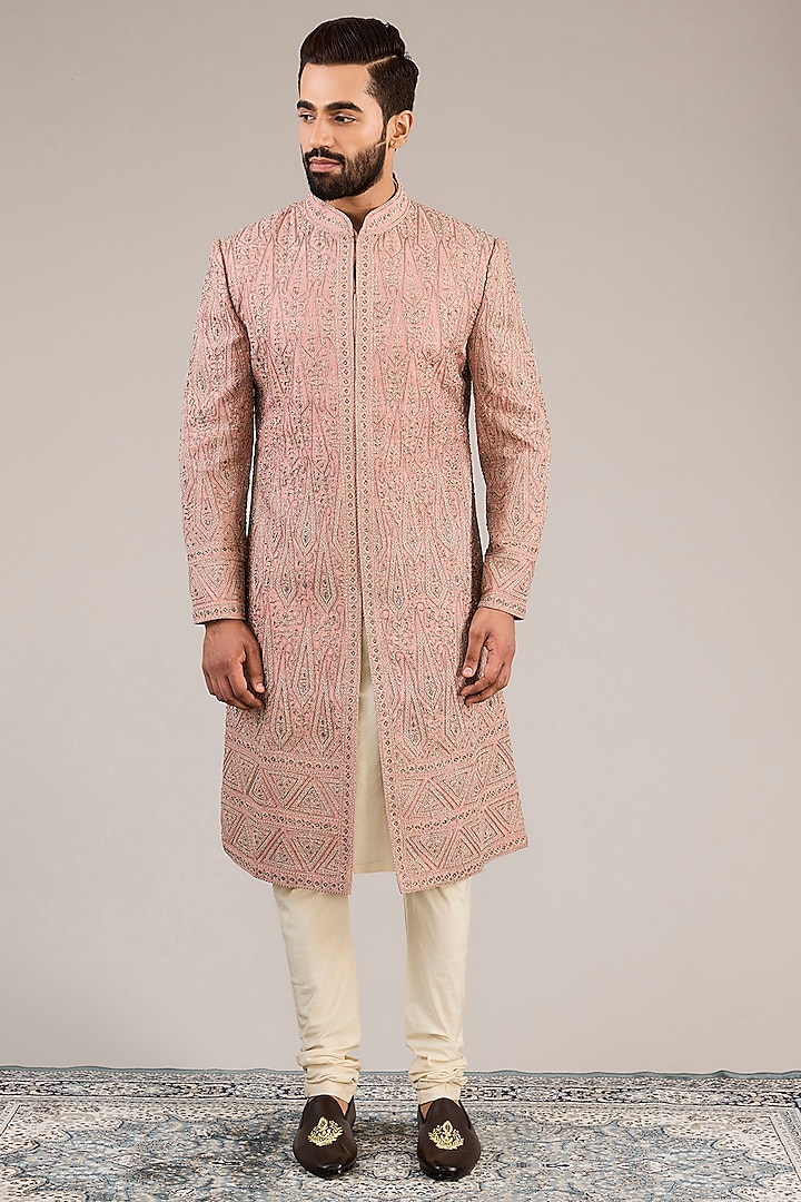 Dusty Rose Raw Silk Dori & Bead Embroidered Sherwani Set by NITIKA GUJRAL MEN