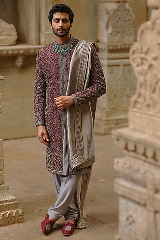 Burgundy Raw Silk Sequins Embroidered Sherwani Set by NITIKA GUJRAL MEN