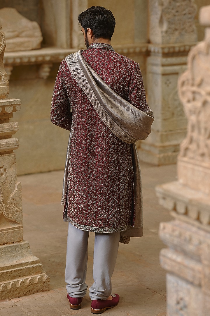 Burgundy Raw Silk Sequins Embroidered Groom Sherwani Set by NITIKA GUJRAL MEN at Pernia's Pop Up Shop