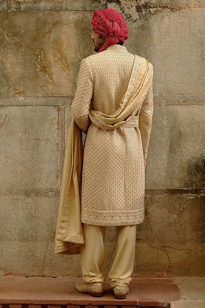 Gold Raw Silk Dabka Embroidered Groom Sherwani Set by NITIKA GUJRAL MEN at Pernia's Pop Up Shop
