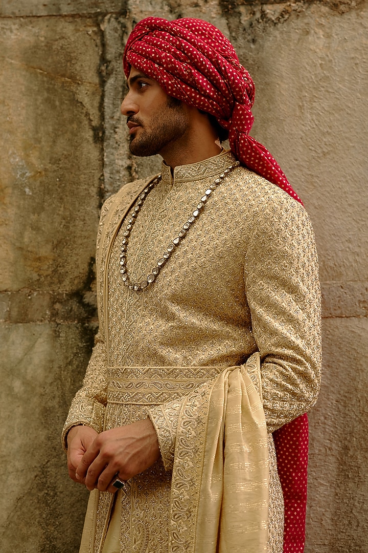 Gold Raw Silk Dabka Embroidered Groom Sherwani Set by NITIKA GUJRAL MEN at Pernia's Pop Up Shop