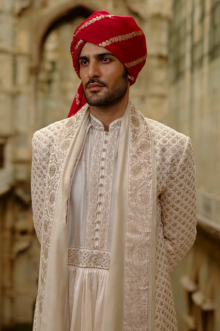 Cream Raw Silk Zari Embroidered Groom Sherwani Set by NITIKA GUJRAL MEN at Pernia's Pop Up Shop