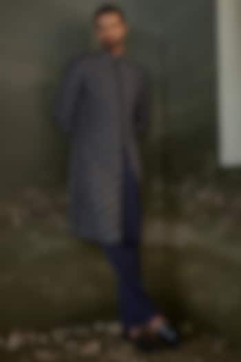 Navy Blue Raw Silk Resham Embroidered Groom Sherwani Set by NITIKA GUJRAL MEN at Pernia's Pop Up Shop