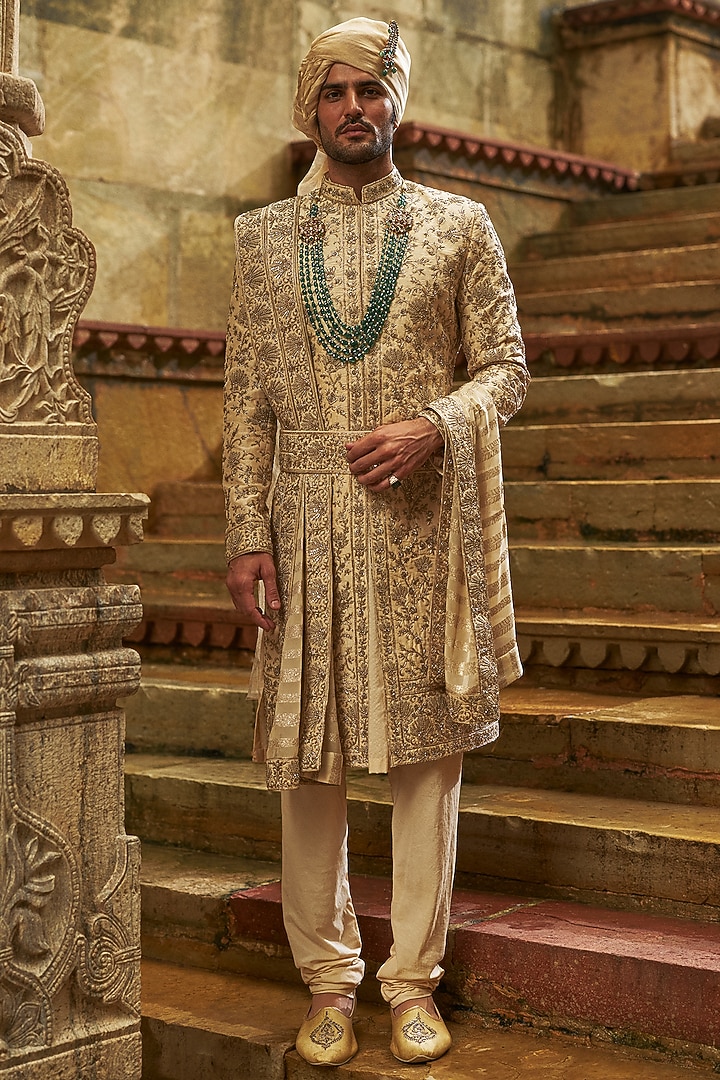 Cream Taffeta Resham Embroidered Groom Sherwani Set by NITIKA GUJRAL MEN at Pernia's Pop Up Shop