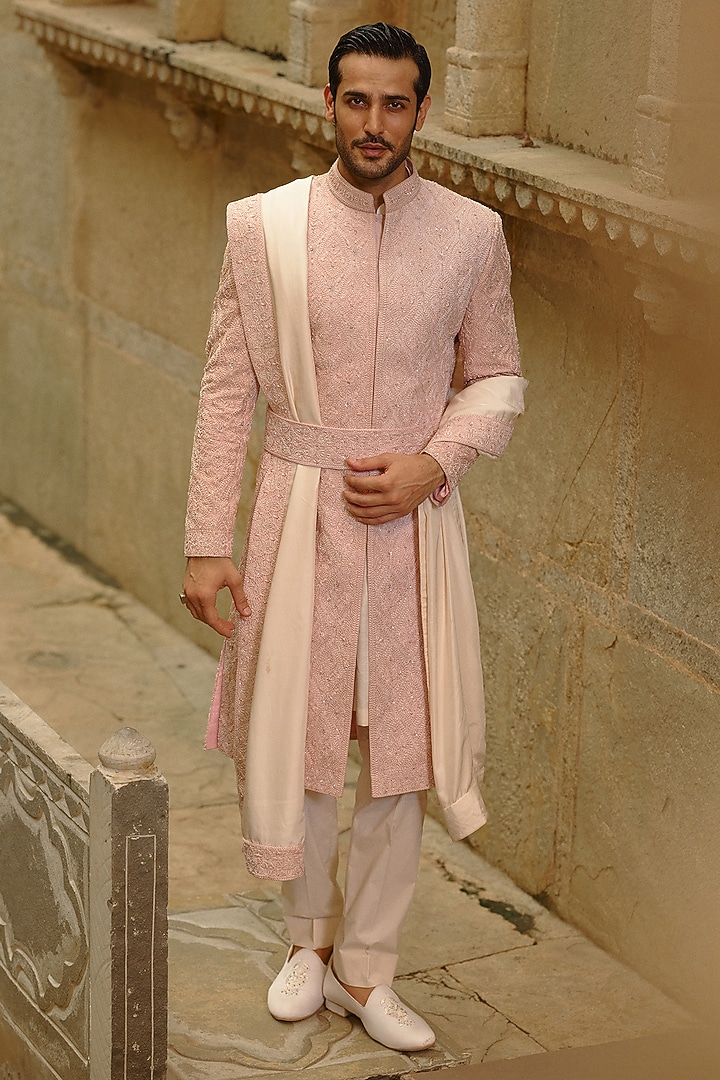Blush Pink Taffeta Dabka Embroidered Sherwani Set by NITIKA GUJRAL MEN