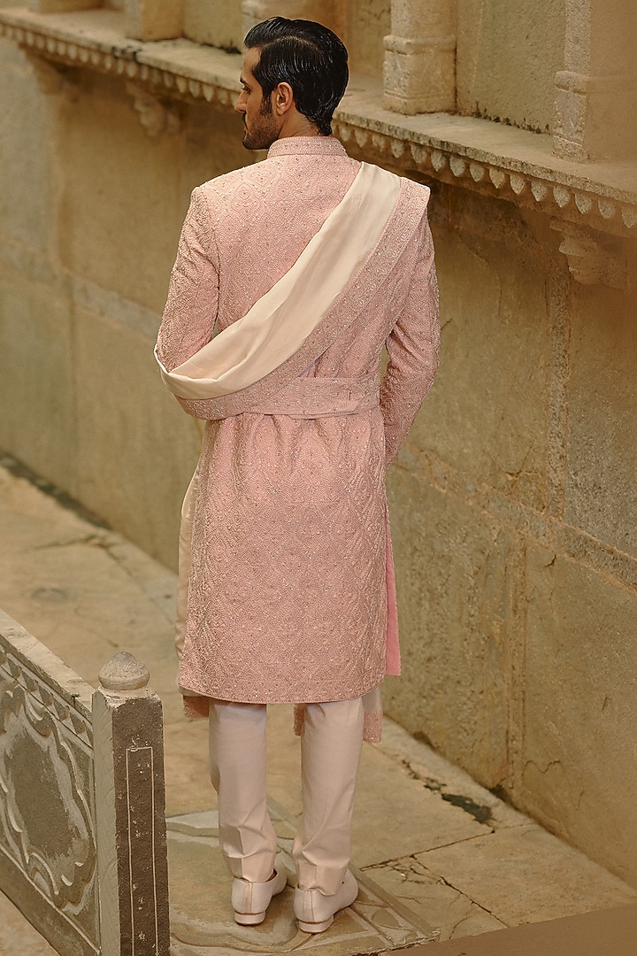 Blush Pink Taffeta Dabka Embroidered Groom Sherwani Set by NITIKA GUJRAL MEN at Pernia's Pop Up Shop