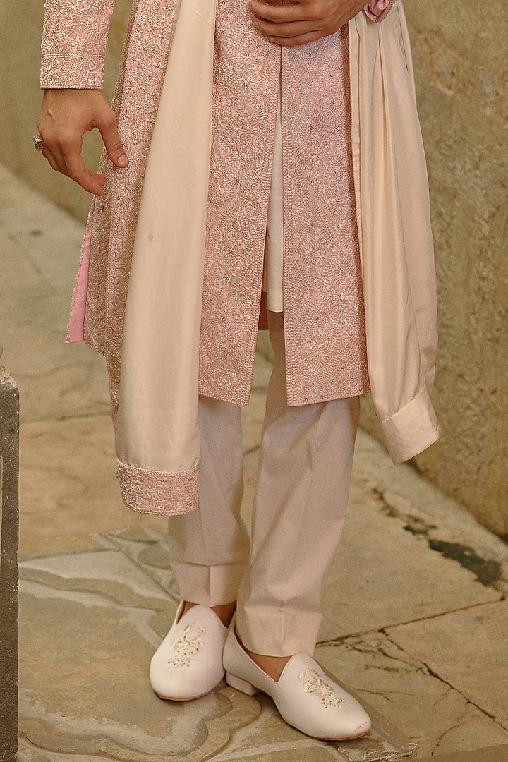 Blush Pink Taffeta Dabka Embroidered Groom Sherwani Set by NITIKA GUJRAL MEN at Pernia's Pop Up Shop