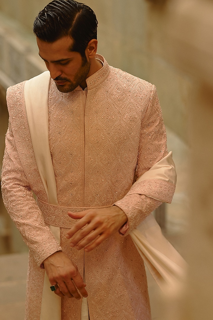Blush Pink Taffeta Dabka Embroidered Groom Sherwani Set by NITIKA GUJRAL MEN at Pernia's Pop Up Shop