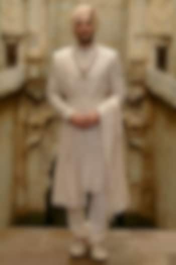Light Beige Raw Silk Dabka Embroidered Sherwani Set by NITIKA GUJRAL MEN