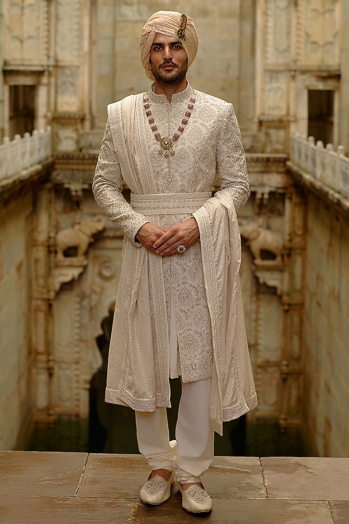Light Beige Raw Silk Dabka Embroidered Sherwani Set by NITIKA GUJRAL MEN