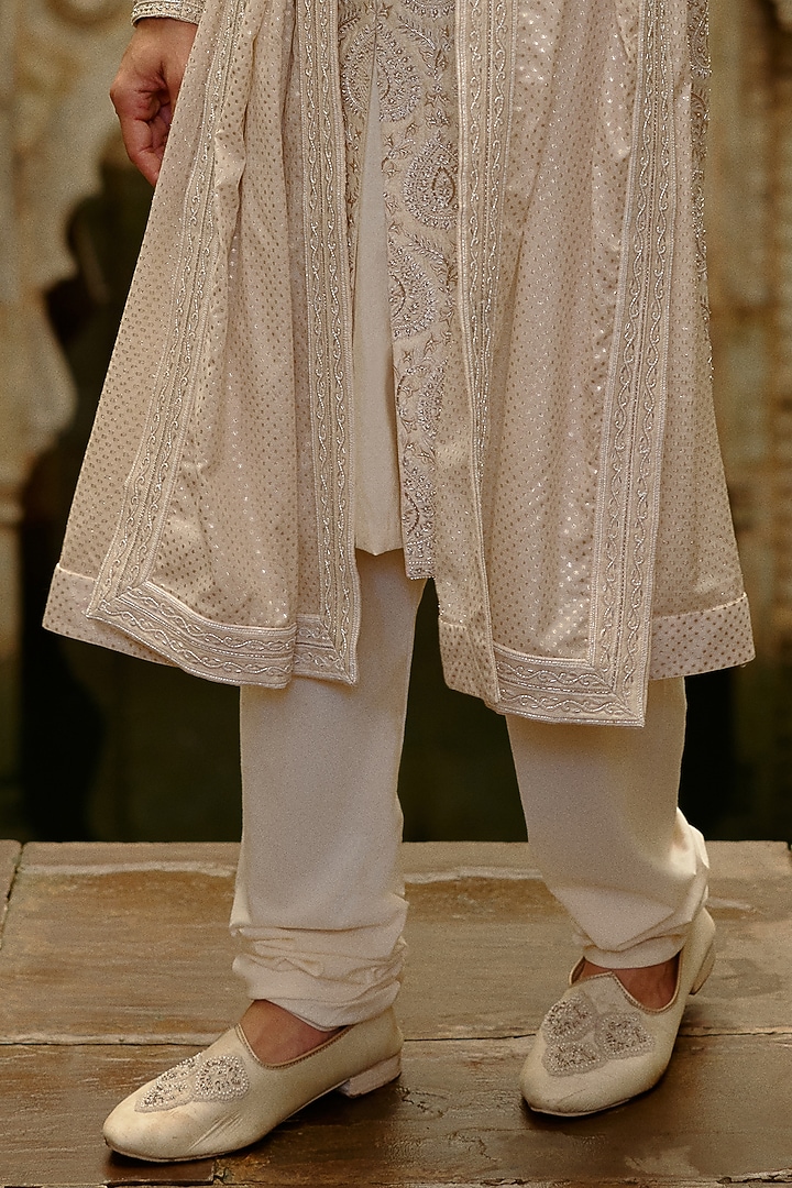 Light Beige Raw Silk Dabka Embroidered Groom Sherwani Set by NITIKA GUJRAL MEN at Pernia's Pop Up Shop